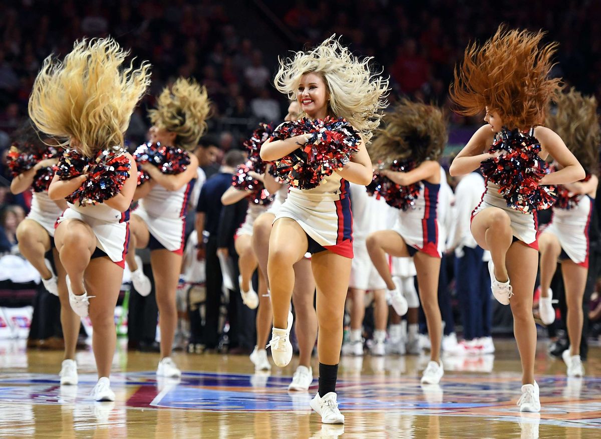 LAS VEGAS, NEVADA - MARCH 12: Saint Mary's Gaels cheerleaders perform during the championship game of the West Coast Conference basketball tournament against the Gonzaga Bulldogs at the Orleans Arena on March 12, 2019 in Las Vegas, Nevada. The Gaels defeated the Bulldogs 60-47.   Ethan Miller/Getty Images/AFP
== FOR NEWSPAPERS, INTERNET, TELCOS & TELEVISION USE ONLY ==