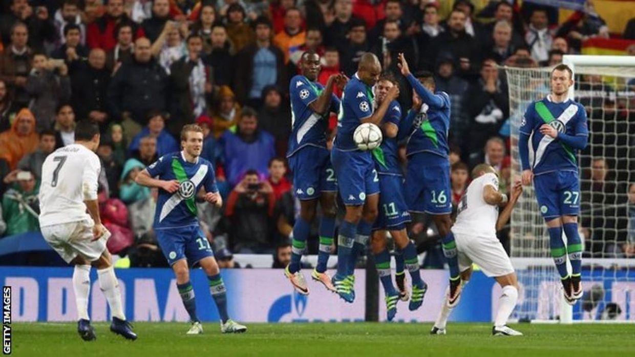 Real Madrid 3-0 Wolfsburg (3-2 agg) - 2015-16 quarter-final second leg

eal came into the second leg of their quarter-final with Wolfsburg 2-0 down but 18 minutes into the Bernabeu game, Ronaldo had scored twice to level the tie and his 77th-minute free-kick sent them into the semi-finals.